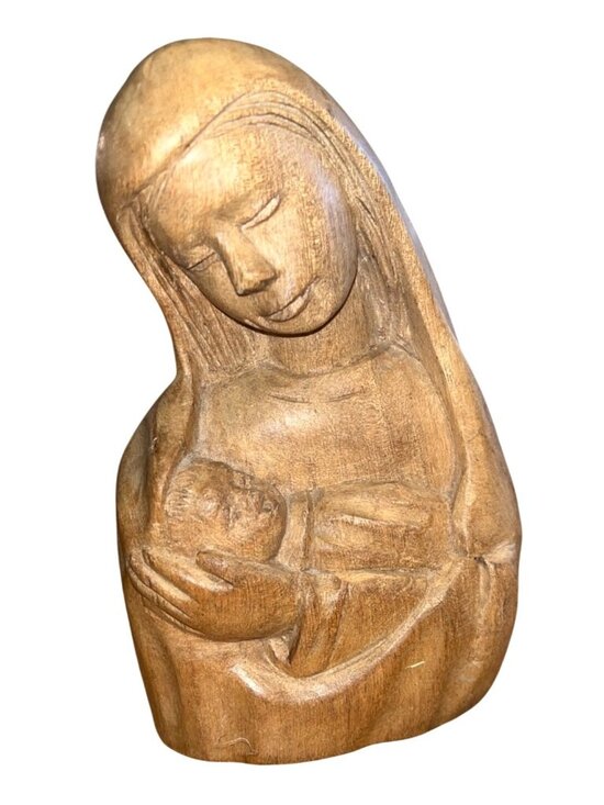 M. Cesar Other - Hand Carved Wooden Mother Mary & Baby Jesus Sculpture By Artist M. Cesar
